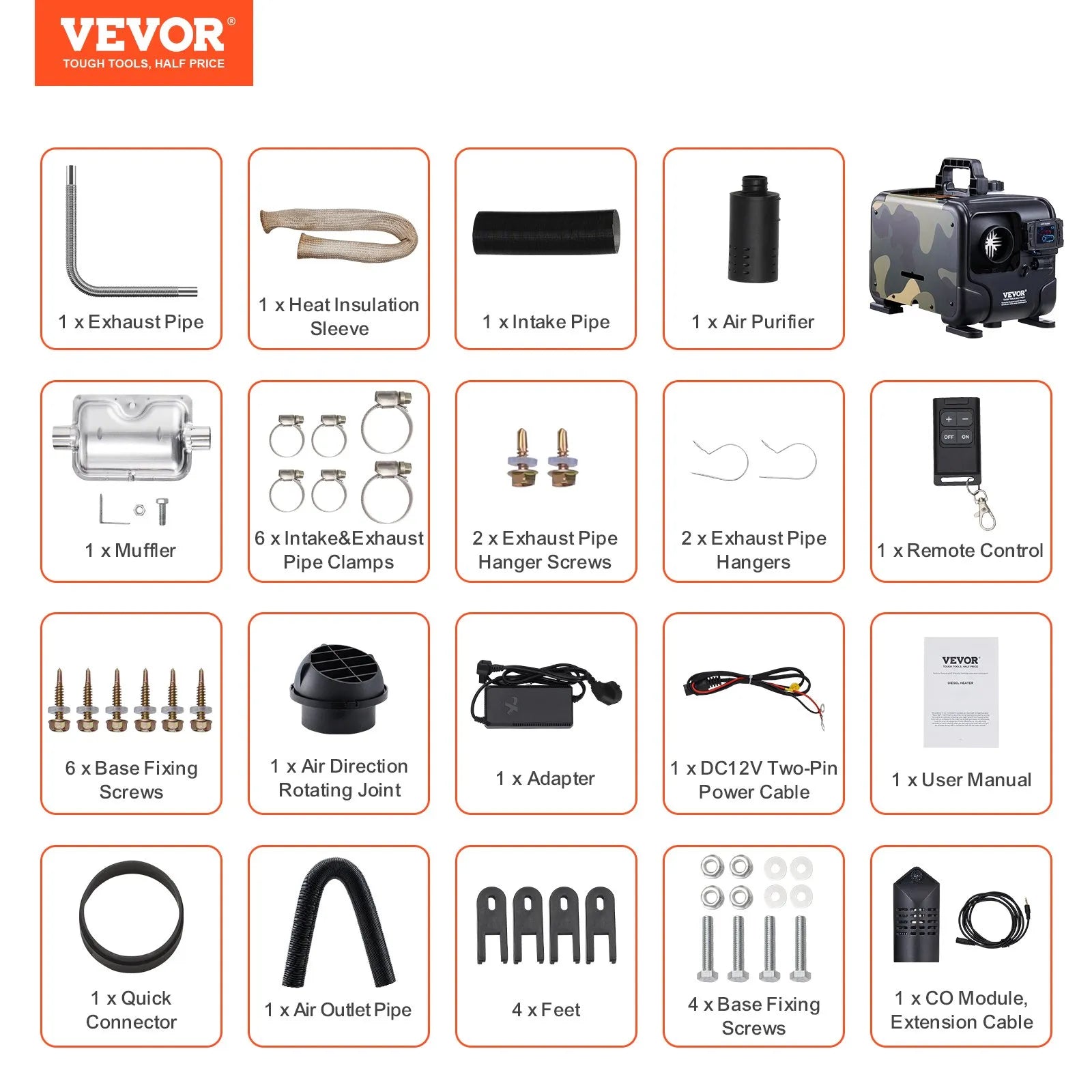 VEVOR Chauffage Diesel 5-8kW, Réchauffeur d'Air Diesel 12/24 V Contrôle par App Bluetooth Écran LCD