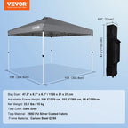 VEVOR Tonnelle Pop-up 304,8x304,8 cm Tonnelle Auvent Jardin Bâche Enduit Argenté PU 250D Sac à Roulettes Portable 4 Sacs Sable Abri Solaire Imperméable pour Plein Air, Plage, Fête, Camping, Gris Foncé