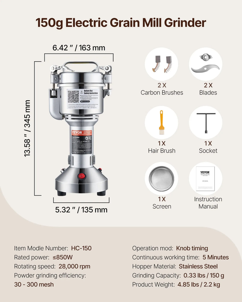 VEVOR Moulin à Épices Électrique 150 g, Broyeur à Grains Commercial 850 W Haute Vitesse