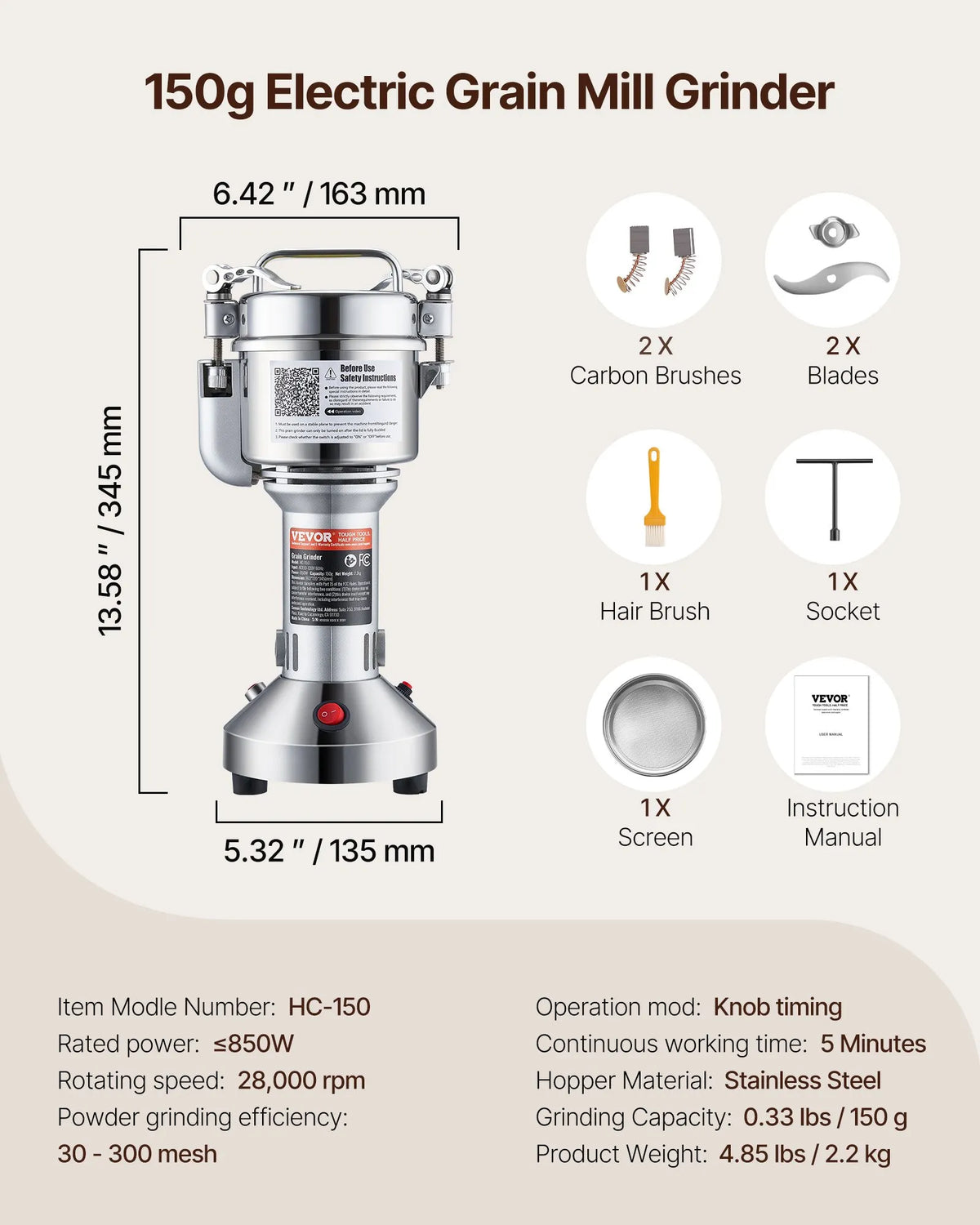 VEVOR Moulin à Épices Électrique 150 g, Broyeur à Grains Commercial 850 W Haute Vitesse