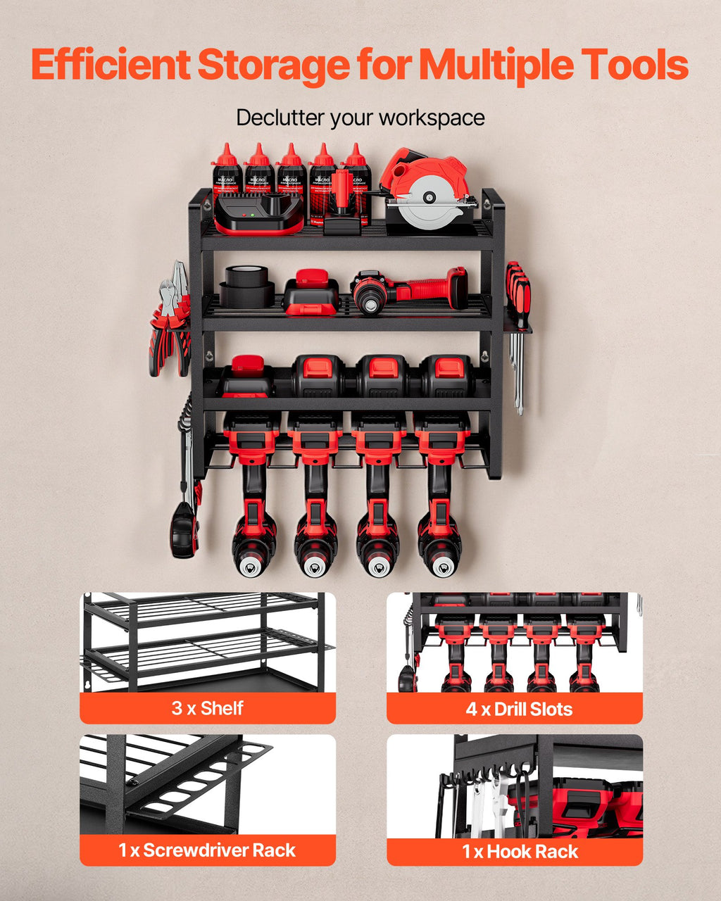 VEVOR Organiseur mural pour outils électriques, support de rangement à 4 niveaux avec 4 emplacements
