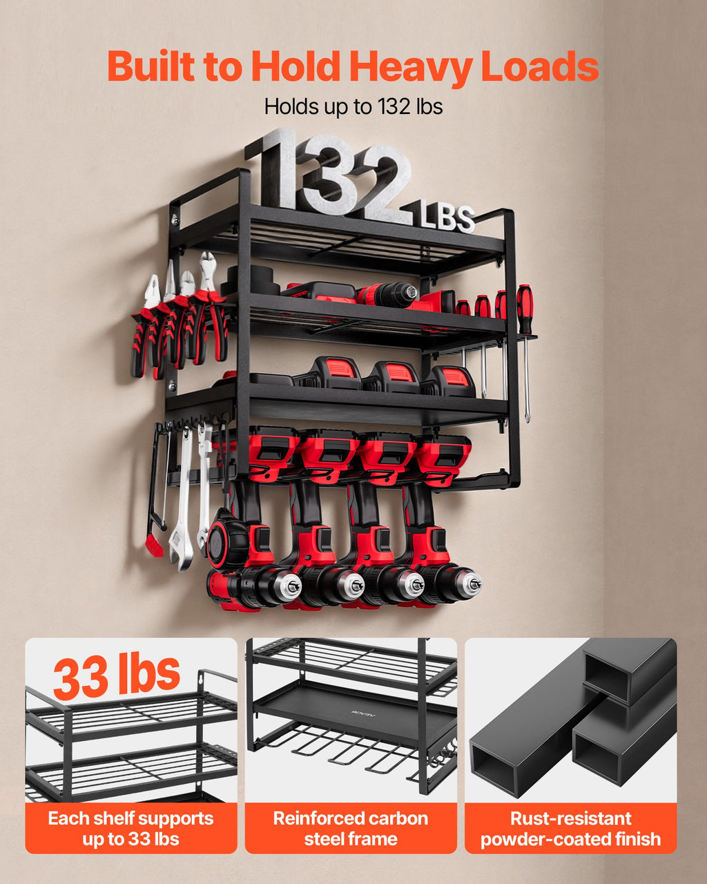 VEVOR Organiseur mural pour outils électriques, support de rangement à 4 niveaux avec 4 emplacements