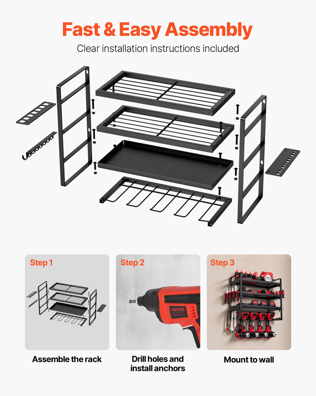 VEVOR Organiseur mural pour outils électriques, support de rangement à 4 niveaux avec 4 emplacements