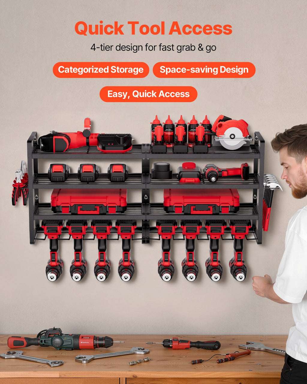 VEVOR Organiseur mural pour outils électriques, support de rangement à 4 niveaux avec 8 emplacements