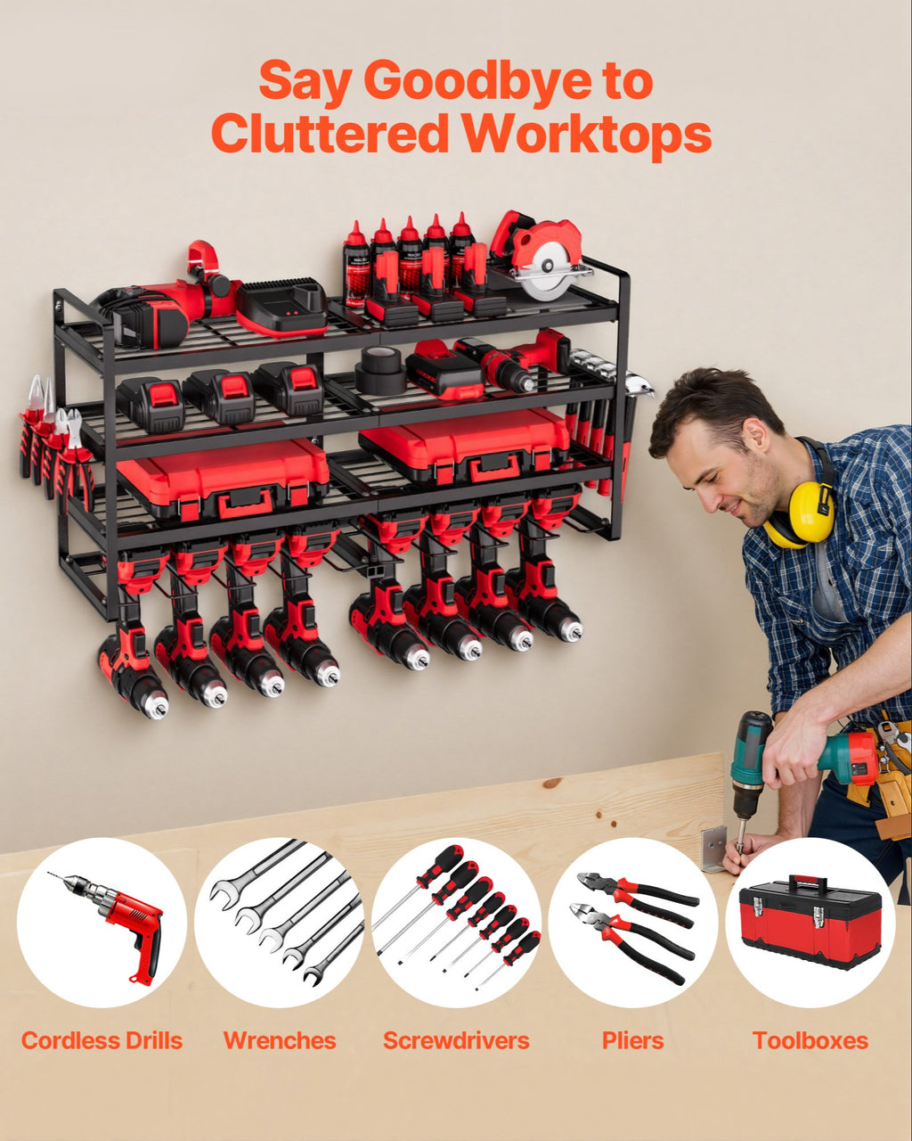 VEVOR Organiseur mural pour outils électriques, support de rangement à 4 niveaux avec 8 emplacements