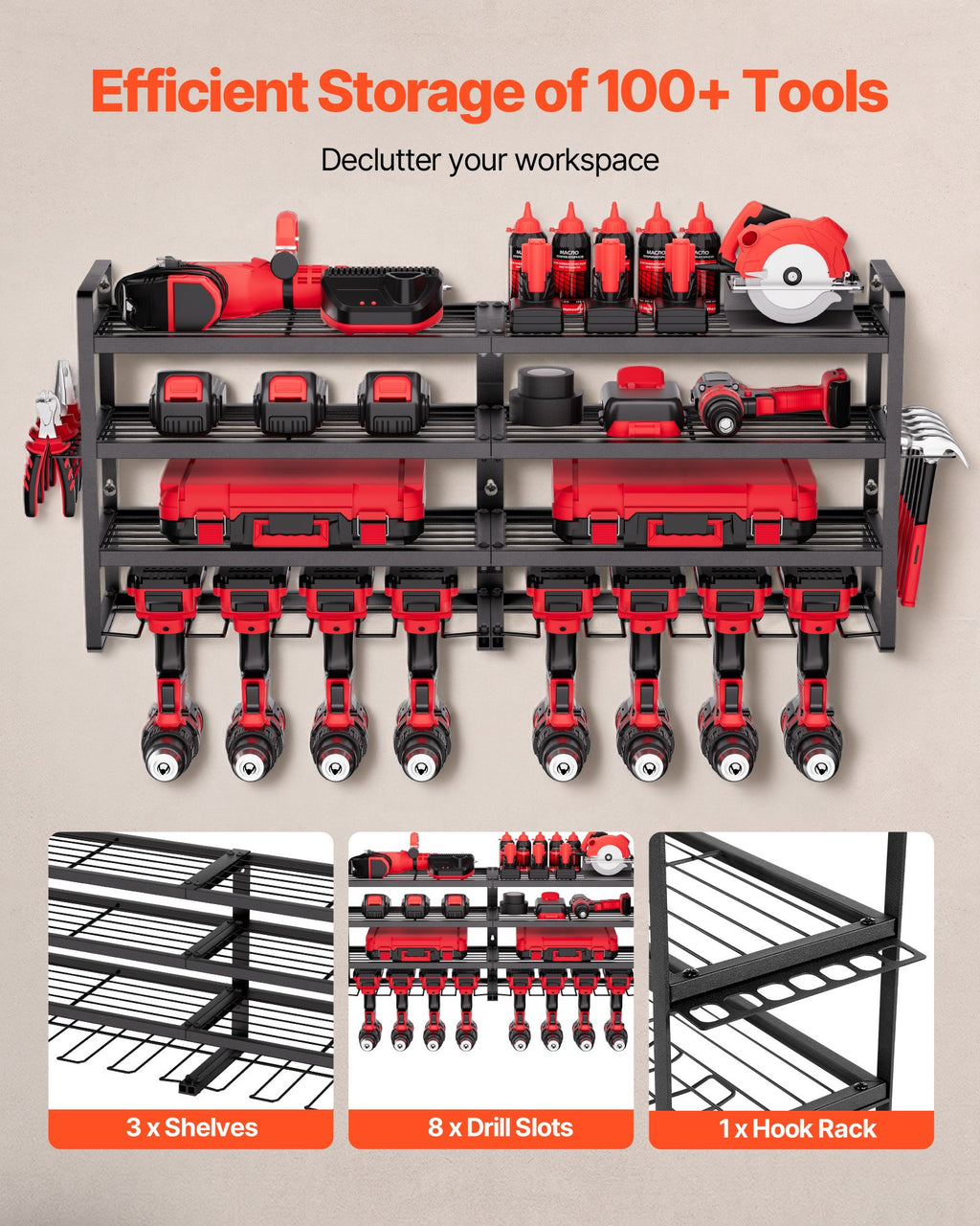 VEVOR Organiseur mural pour outils électriques, support de rangement à 4 niveaux avec 8 emplacements