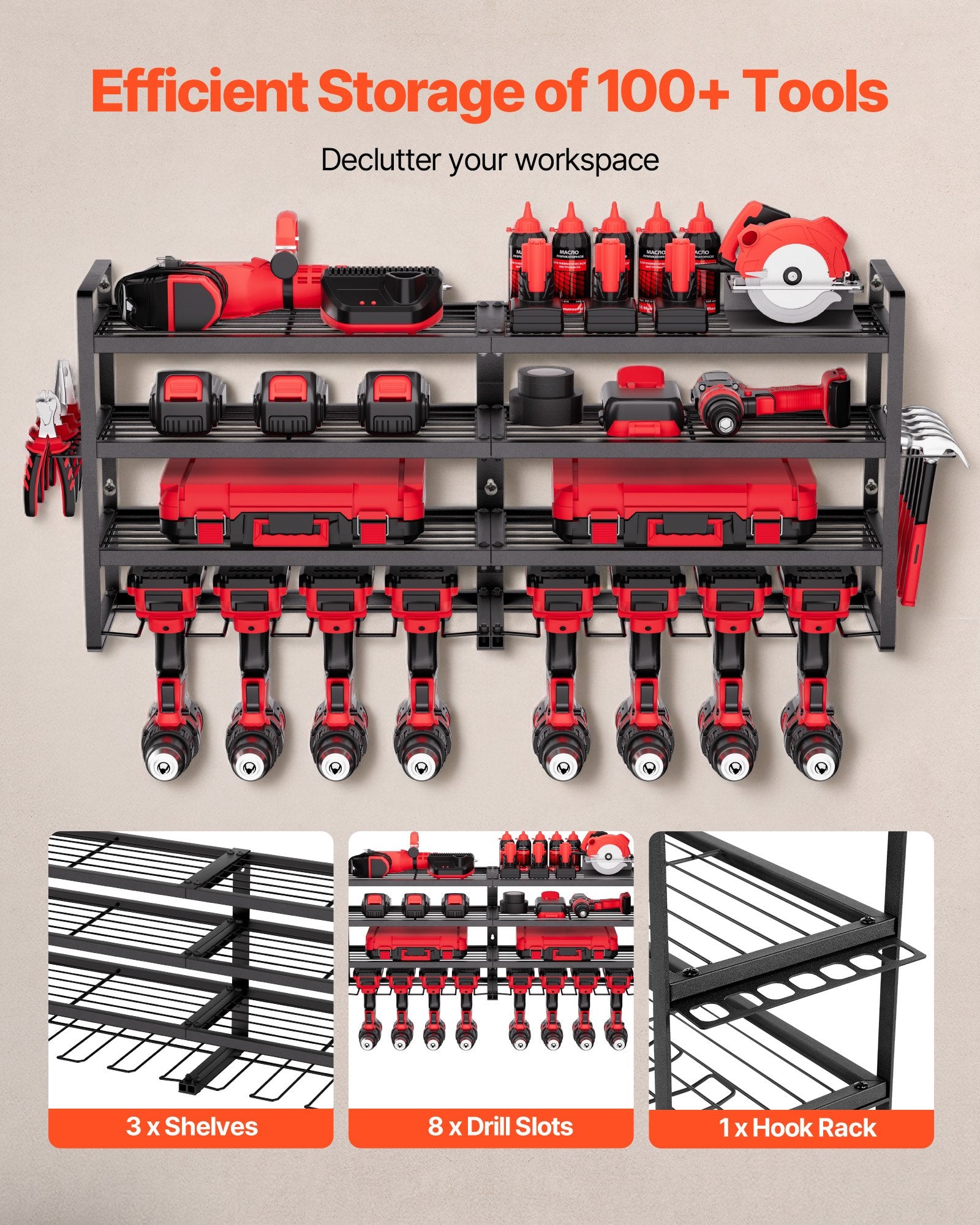 VEVOR Organiseur mural pour outils électriques, support de rangement à 4 niveaux avec 8 emplacements