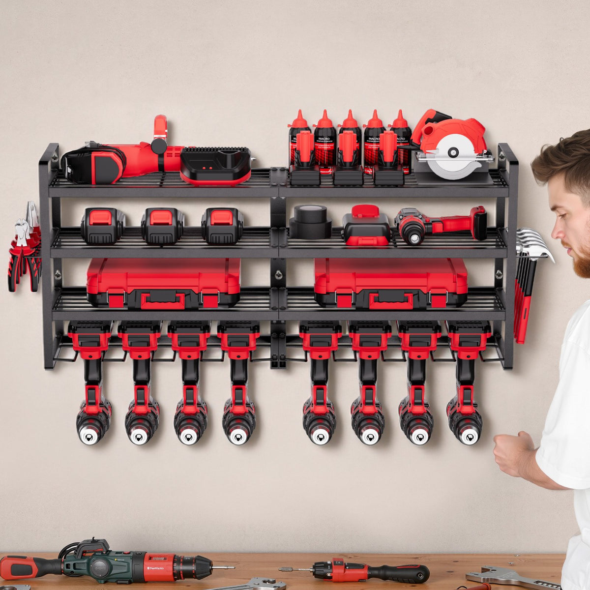 VEVOR Organiseur mural pour outils électriques, support de rangement à 4 niveaux avec 8 emplacements
