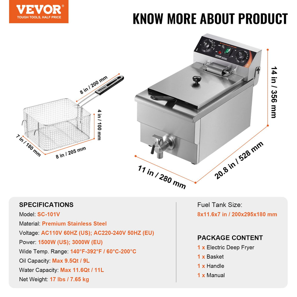 VEVOR Friteuse Commerciale 3000 W Friteuse à Bain d'Huile Électrique 9 L