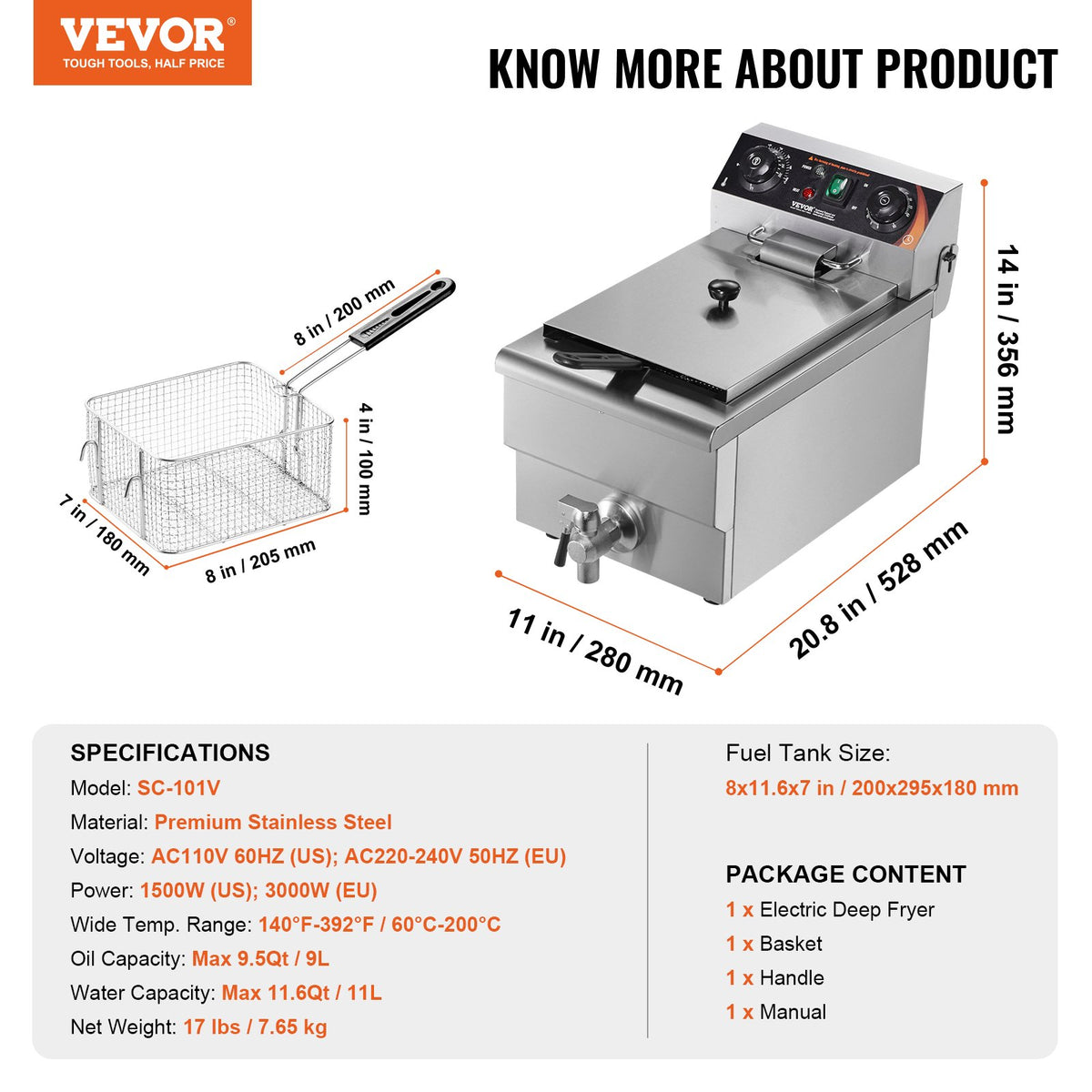 VEVOR Friteuse Commerciale 3000 W Friteuse à Bain d'Huile Électrique 9 L