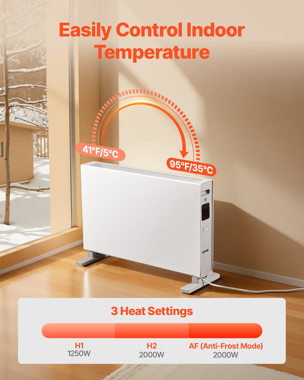 VEVOR Radiateur à Convection 2000 W Convecteur Électrique avec Télécommande, Chauffage d'Appoint à 3 Modes
