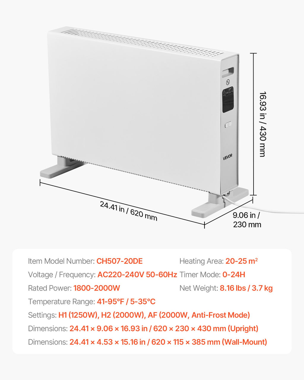 VEVOR Radiateur à Convection 2000 W Convecteur Électrique avec Télécommande, Chauffage d'Appoint à 3 Modes