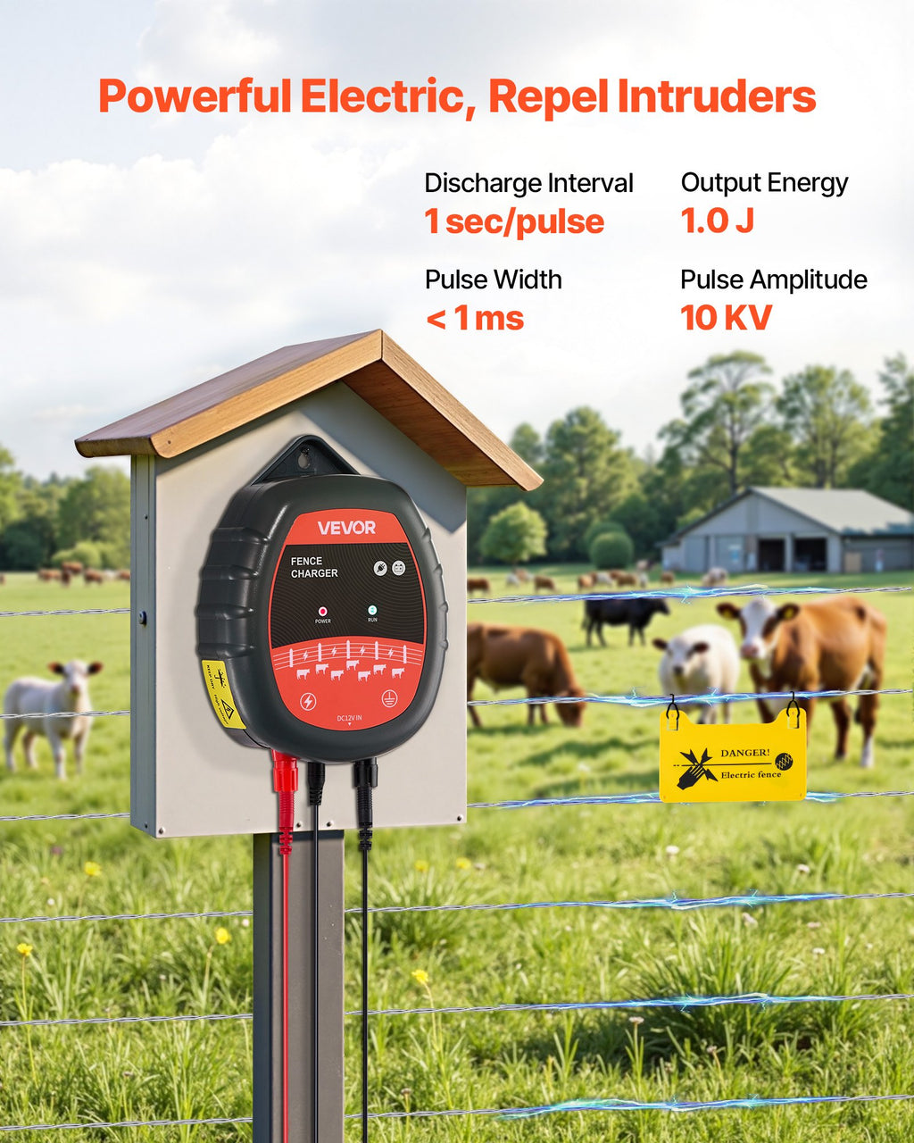 VEVOR Chargeur de Clôture Électrique, 1 J, Électrificateur de Clôture Électrique CA CC Solaire 10 kV