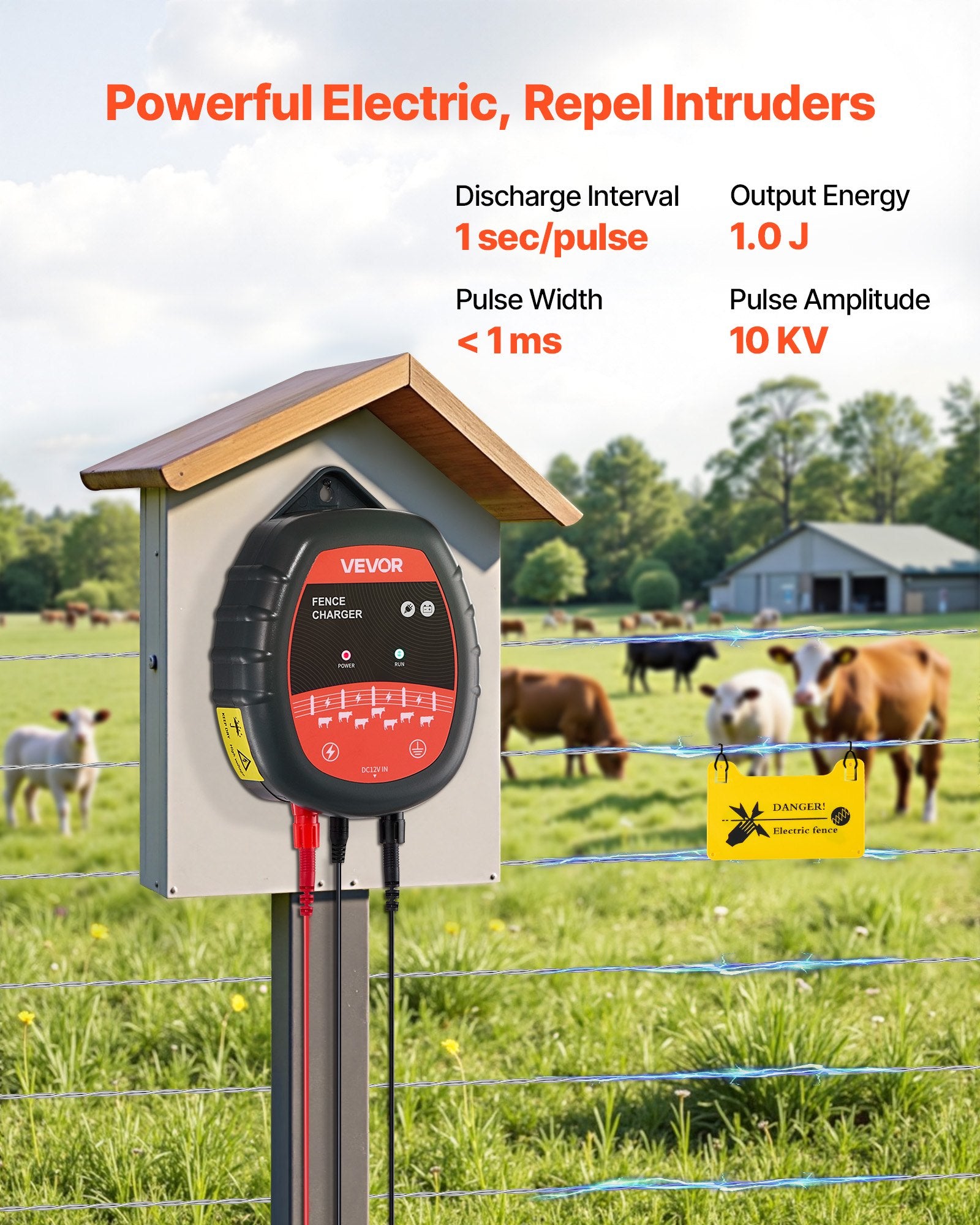 VEVOR Chargeur de Clôture Électrique, 1 J, Électrificateur de Clôture Électrique CA CC Solaire 10 kV