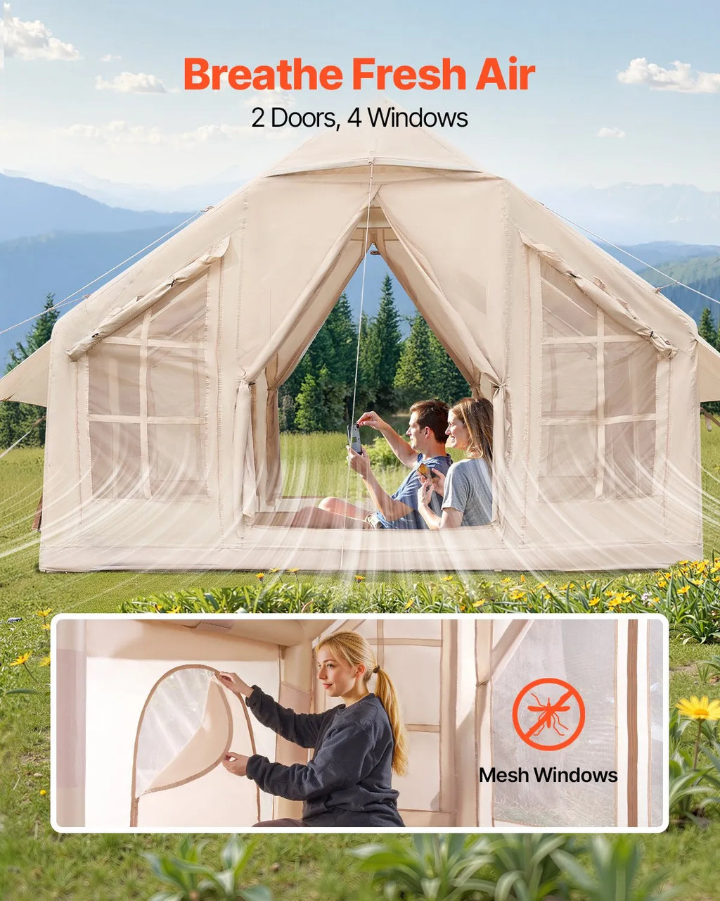 VEVOR Tente de Camping Gonflable, 3x3x2,3 m, Tente de Glamping pour 4 à 6 Personnes Oxford 300D