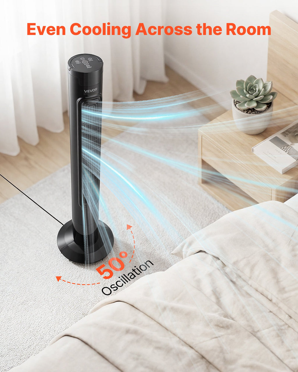 VEVOR Ventilateur Colonne, 1017 mm, Ventilateur Tour Sol Oscillant 70° Silencieux Portable, 7 m/s, Vitesses Réglables, Minuterie 24 h