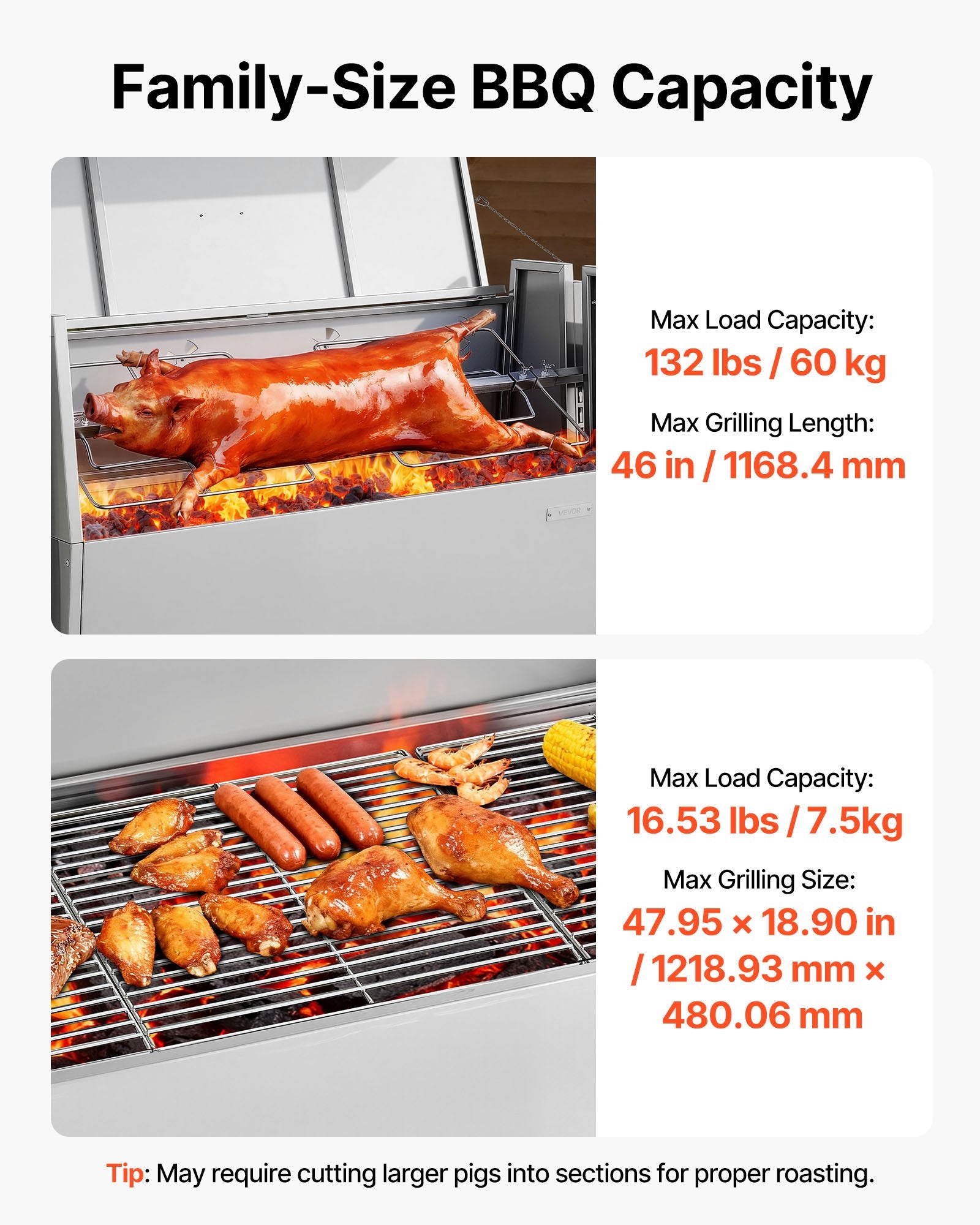 VEVOR Barbecue à Charbon Chargeant 60 kg, Barbecue Rôtissoire avec Roues Kit Tournebroche 38 W