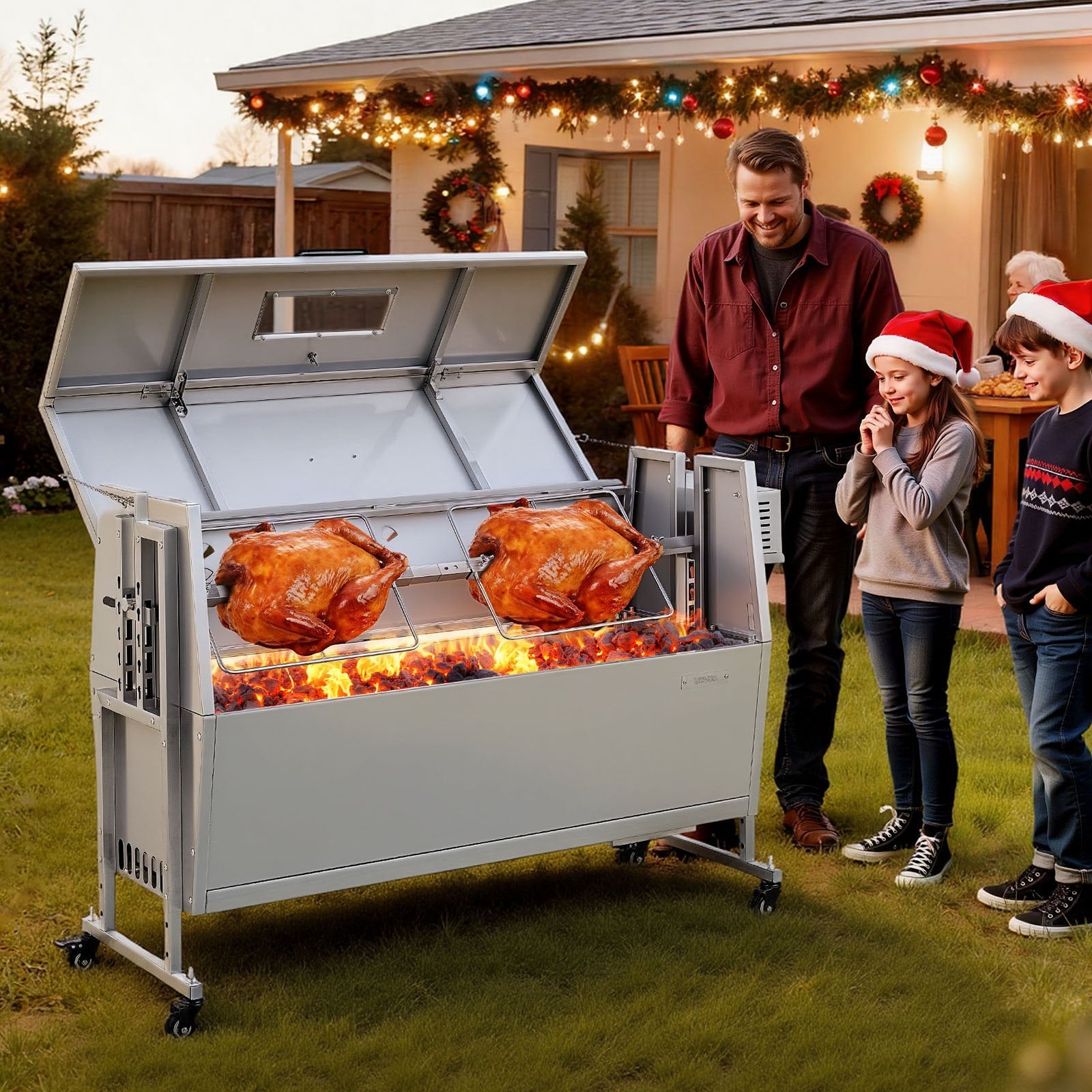 VEVOR Barbecue à Charbon Chargeant 60 kg, Barbecue Rôtissoire avec Roues Kit Tournebroche 38 W