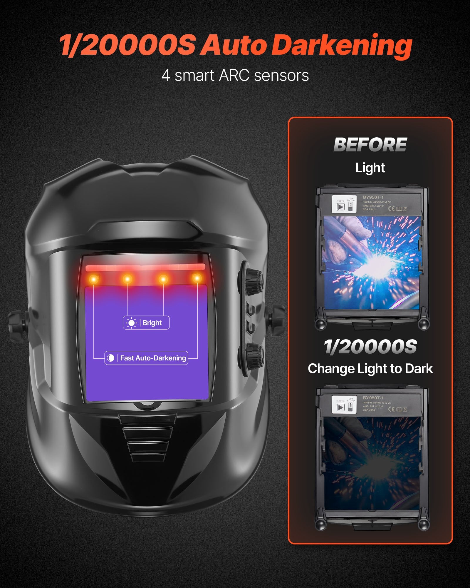 VEVOR Casque de Soudage Solaire Obscurcissement Automatique Couleur Réelle Grande Vue 100x95 mm