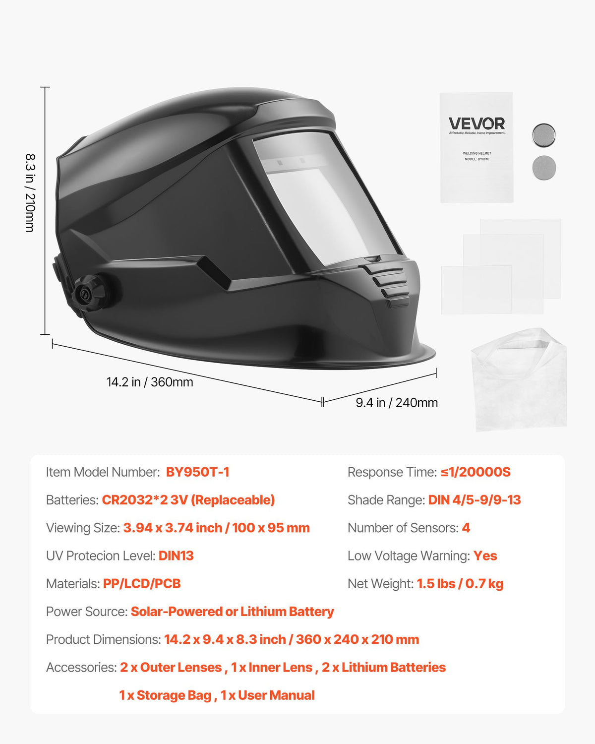 VEVOR Casque de Soudage Solaire Obscurcissement Automatique Couleur Réelle Grande Vue 100x95 mm