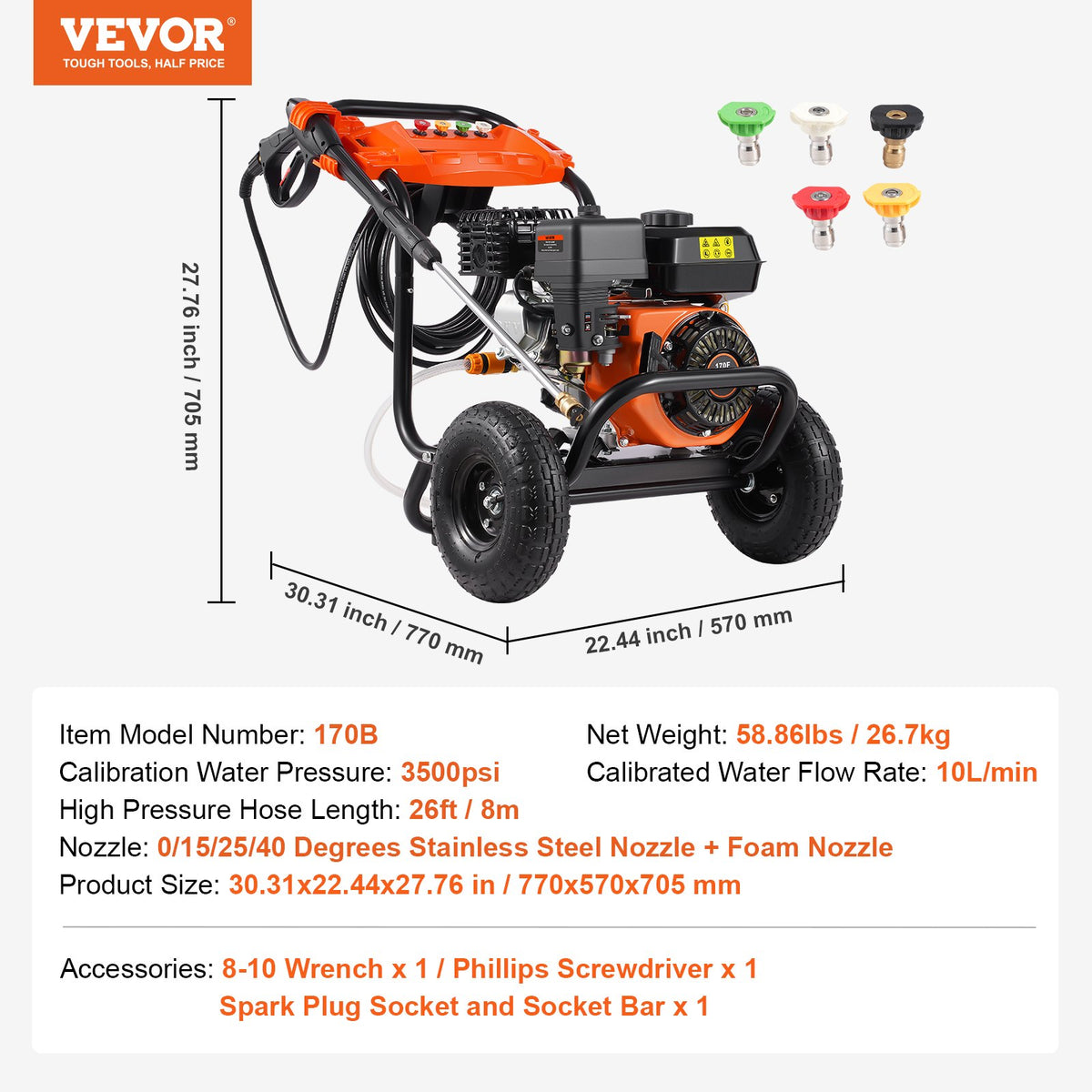 VEVOR Nettoyeur Haute Pression à Essence 3500 PSI 10 L/min Laveuse à Gaz