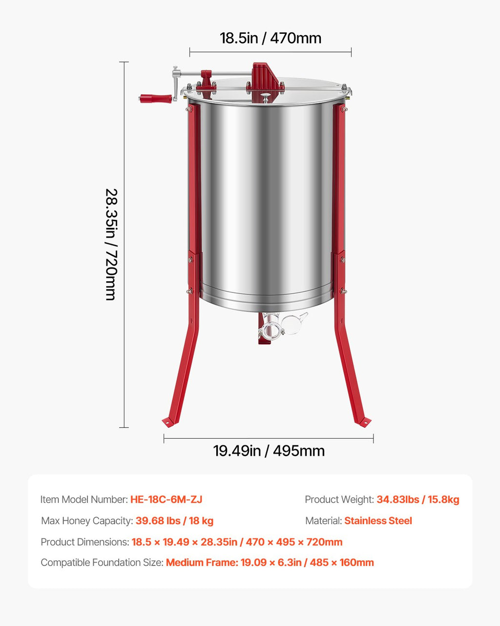 VEVOR Extracteur de Miel Manuel à 6 Cadres Centrifugeuse Séparateur Miel Acier Inox