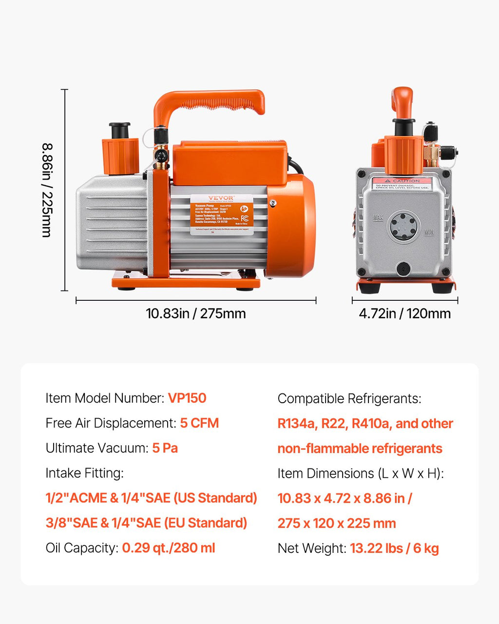VEVOR Pompe à Vide Climatisation 141 L/min Pompe à Vide Frigoriste CVC 1 Étage 250 W