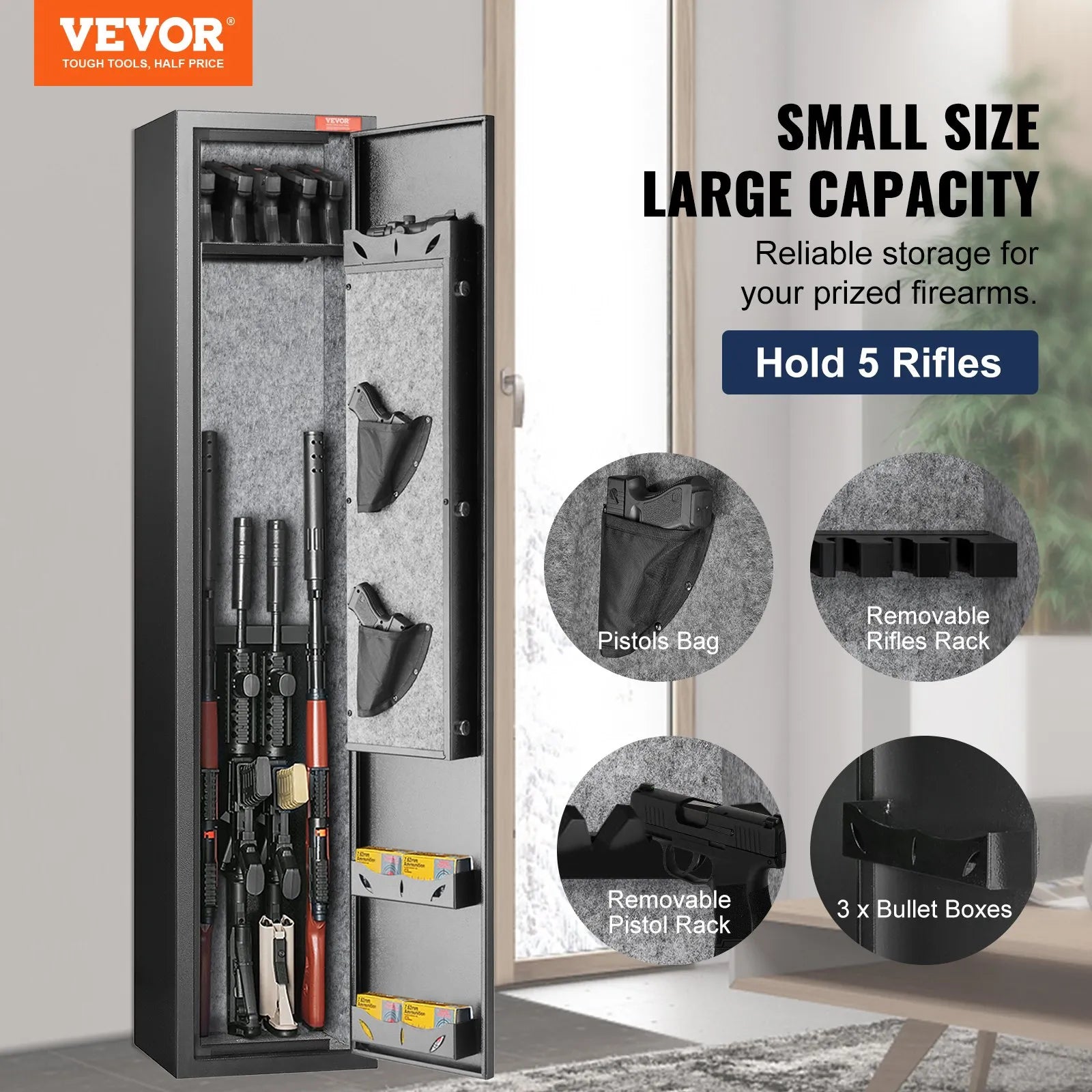 VEVOR Armoire à 5 Fusils, Coffre-Fort pour Armes à Feu 2 Façons de Verrouillage Empreinte Digitale et Clés