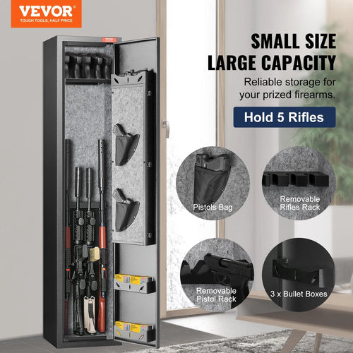 VEVOR Armoire à 5 Fusils, Coffre-Fort pour Armes à Feu 2 Façons de Verrouillage Empreinte Digitale et Clés