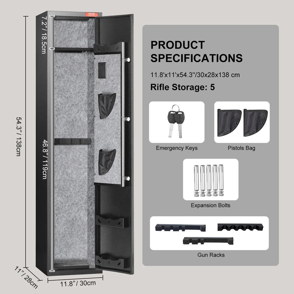 VEVOR Armoire à 5 Fusils, Coffre-Fort pour Armes à Feu 2 Façons de Verrouillage Empreinte Digitale et Clés