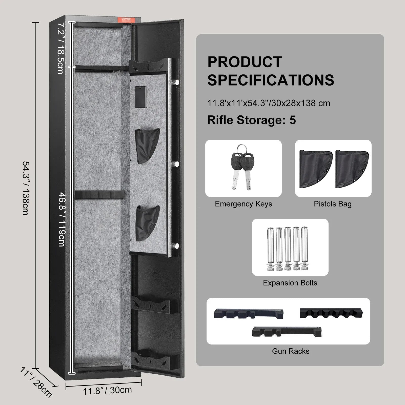 VEVOR Armoire à 5 Fusils, Coffre-Fort pour Armes à Feu 2 Façons de Verrouillage Empreinte Digitale et Clés