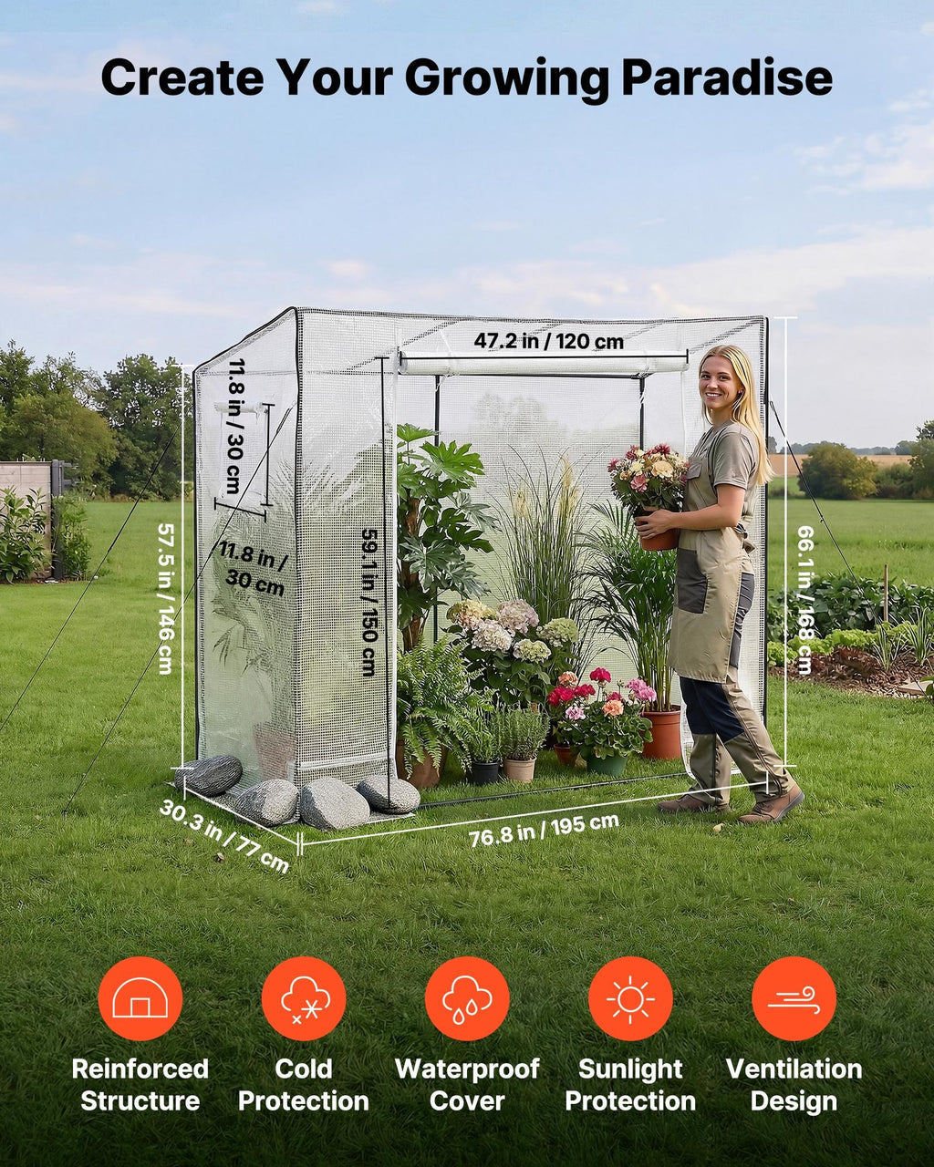 VEVOR Serre de Jardin à Toit Incliné 195x77x168 cm Bâche PE Porte Zippée