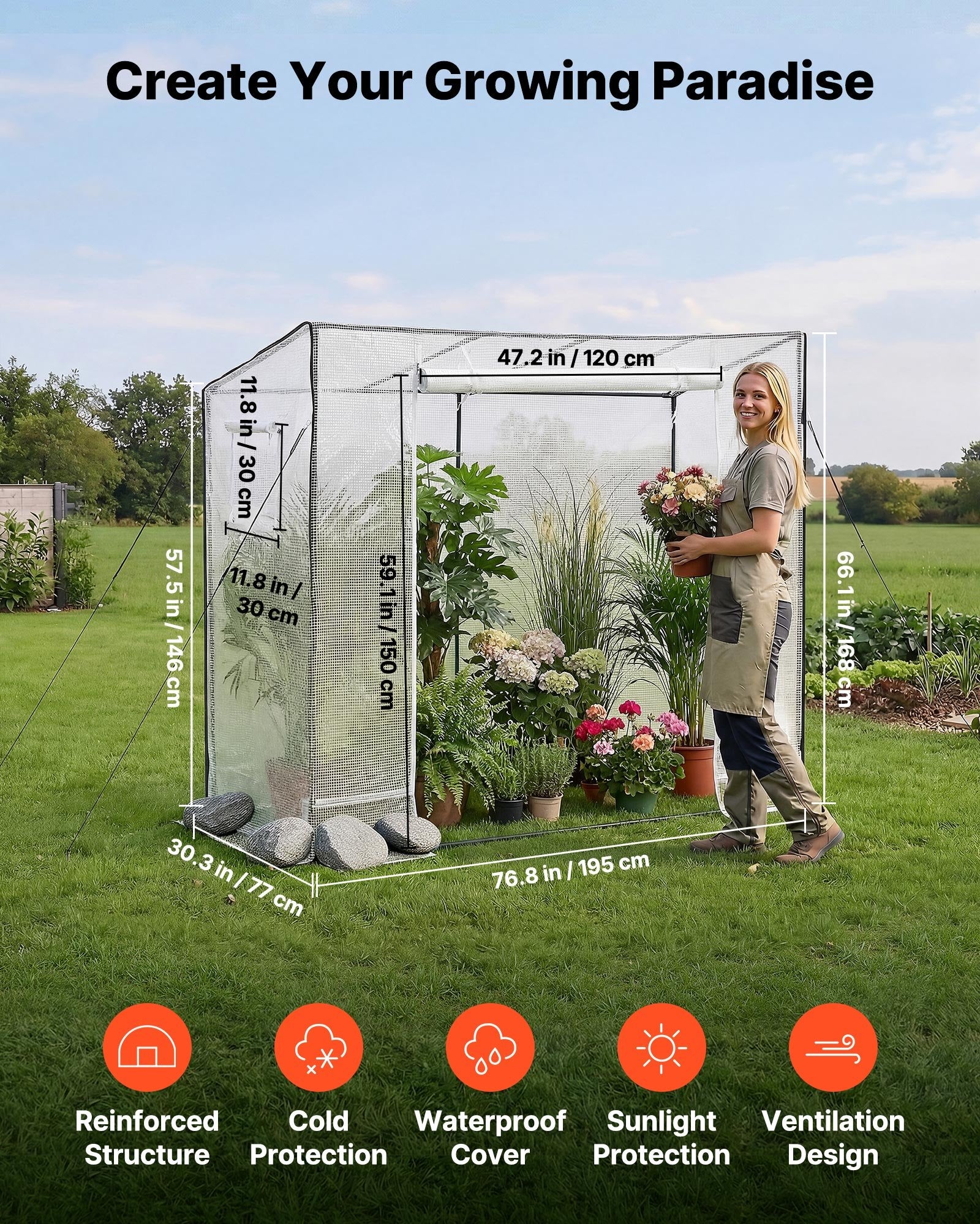 VEVOR Serre de Jardin à Toit Incliné 195x77x168 cm Bâche PE Porte Zippée